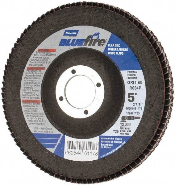 Norton - 80 Grit, 5" Disc Diam, 7/8" Center Hole, Type 29 Zirconia Alumina Flap Disc - 12,000 Max RPM, Cloth Backing, Arbor Attaching System, Coated - Americas Industrial Supply