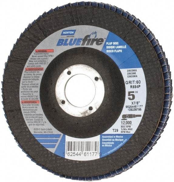 Norton - 60 Grit, 5" Disc Diam, 7/8" Center Hole, Type 29 Zirconia Alumina Flap Disc - 12,000 Max RPM, Cloth Backing, Arbor Attaching System, Coated - Americas Industrial Supply