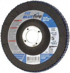 Norton - 60 Grit, 5" Disc Diam, 7/8" Center Hole, Type 29 Zirconia Alumina Flap Disc - 12,000 Max RPM, Cloth Backing, Arbor Attaching System, Coated - Americas Industrial Supply