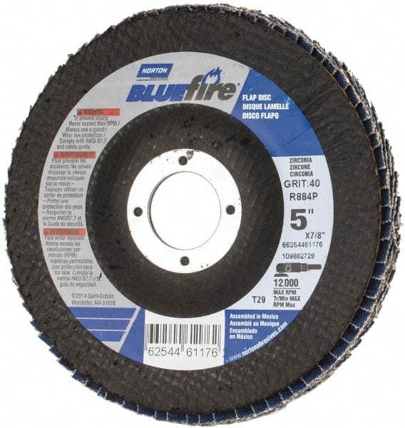 Norton - 40 Grit, 5" Disc Diam, 7/8" Center Hole, Type 29 Zirconia Alumina Flap Disc - 12,000 Max RPM, Cloth Backing, Arbor Attaching System, Coated - Americas Industrial Supply