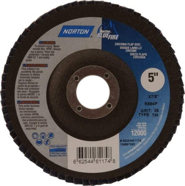 Norton - 36 Grit, 5" Disc Diam, 7/8" Center Hole, Type 29 Zirconia Alumina Flap Disc - 12,000 Max RPM, Cloth Backing, Arbor Attaching System, Coated - Americas Industrial Supply