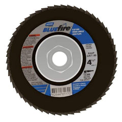 Norton - 80 Grit, 4-1/2" Disc Diam, 5/8-11 Center Hole, Type 29 Zirconia Alumina Flap Disc - 13,300 Max RPM, Cloth Backing, Arbor Attaching System, Coated - Americas Industrial Supply
