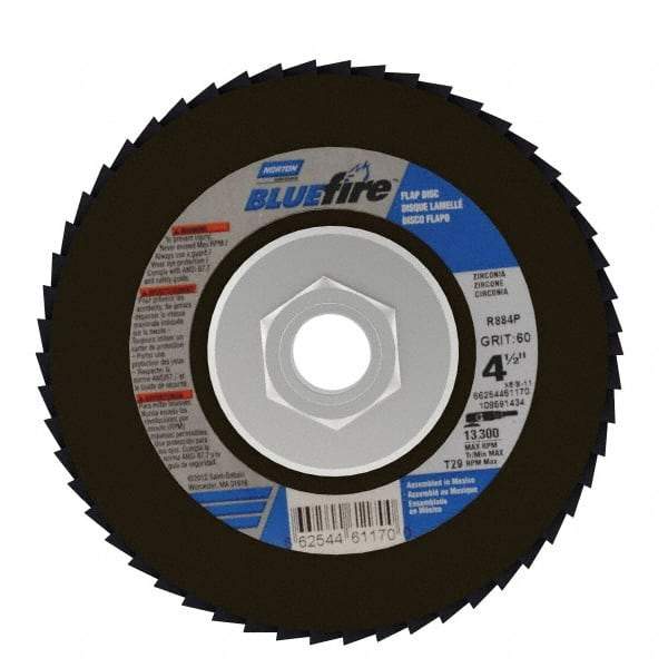Norton - 60 Grit, 4-1/2" Disc Diam, 5/8-11 Center Hole, Type 29 Zirconia Alumina Flap Disc - 13,300 Max RPM, Cloth Backing, Arbor Attaching System, Coated - Americas Industrial Supply