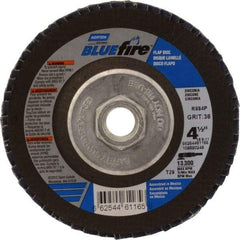 Norton - 36 Grit, 4-1/2" Disc Diam, 5/8-11 Center Hole, Type 29 Zirconia Alumina Flap Disc - 13,300 Max RPM, Cloth Backing, Arbor Attaching System, Coated - Americas Industrial Supply