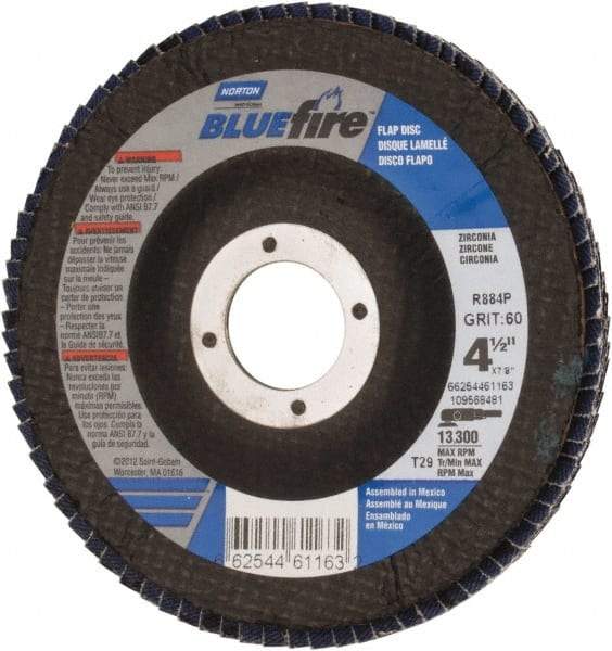 Norton - 60 Grit, 4-1/2" Disc Diam, 7/8" Center Hole, Type 29 Zirconia Alumina Flap Disc - 13,300 Max RPM, Cloth Backing, Arbor Attaching System, Coated - Americas Industrial Supply