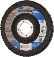 Norton - 60 Grit, 4-1/2" Disc Diam, 7/8" Center Hole, Type 29 Zirconia Alumina Flap Disc - 13,300 Max RPM, Cloth Backing, Arbor Attaching System, Coated - Americas Industrial Supply