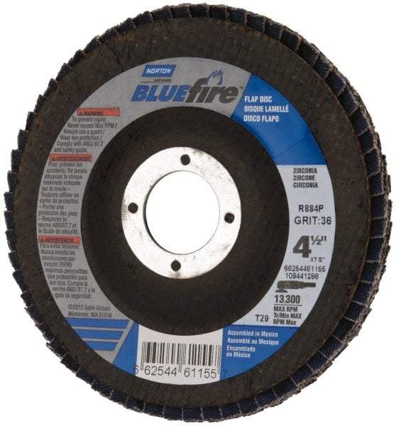Norton - 36 Grit, 4-1/2" Disc Diam, 7/8" Center Hole, Type 29 Zirconia Alumina Flap Disc - 13,300 Max RPM, Cloth Backing, Arbor Attaching System, Coated - Americas Industrial Supply