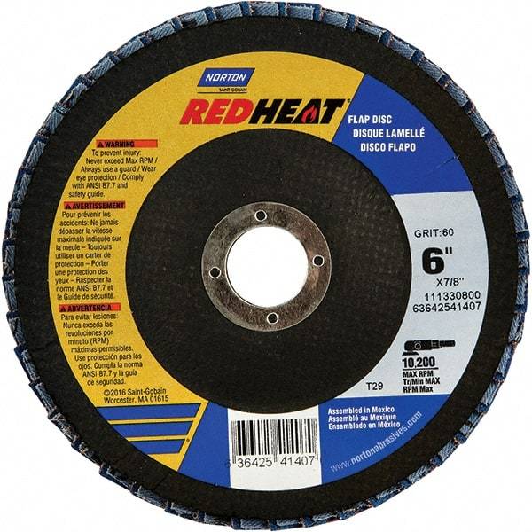 Norton - 60 Grit, 6" Disc Diam, 7/8" Center Hole, Type 29 Ceramic Alumina Flap Disc - 10,200 Max RPM, Cloth Backing, Arbor Attaching System, Coated - Americas Industrial Supply