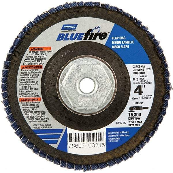 Norton - 60 Grit, 4" Disc Diam, 5/8-11 Center Hole, Type 29 Zirconia Alumina Flap Disc - 15,300 Max RPM, Cloth Backing, Arbor Attaching System, Coated - Americas Industrial Supply