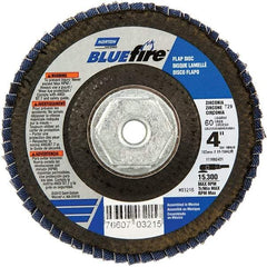 Norton - 60 Grit, 4" Disc Diam, 5/8-11 Center Hole, Type 29 Zirconia Alumina Flap Disc - 15,300 Max RPM, Cloth Backing, Arbor Attaching System, Coated - Americas Industrial Supply