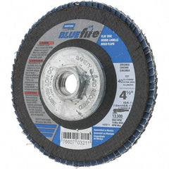 Norton - 40 Grit, 4-1/2" Disc Diam, 5/8-11 Center Hole, Type 29 Zirconia Alumina Flap Disc - 13,300 Max RPM, Cloth Backing, Arbor Attaching System, Coated - Americas Industrial Supply