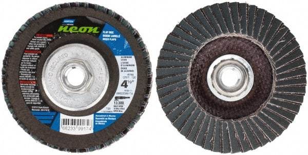 Norton - 120 Grit, 4-1/2" Disc Diam, 5/8-11 Center Hole, Type 29 Ceramic Alumina Flap Disc - 13,300 Max RPM, Polyester Backing, Arbor Attaching System, Coated - Americas Industrial Supply