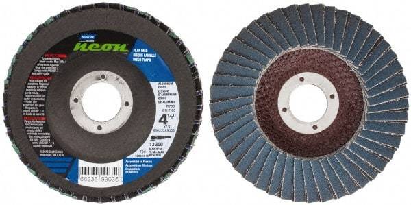 Norton - 80 Grit, 4-1/2" Disc Diam, 7/8" Center Hole, Type 29 Ceramic Alumina Flap Disc - 13,300 Max RPM, Polyester Backing, Arbor Attaching System, Coated - Americas Industrial Supply