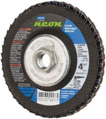 Norton - 80 Grit, 4-1/2" Disc Diam, 5/8-11 Center Hole, Type 29 Ceramic Alumina Flap Disc - 13,300 Max RPM, Polyester Backing, Arbor Attaching System, Coated - Americas Industrial Supply
