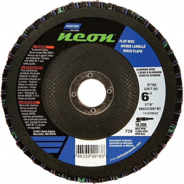 Norton - 40 Grit, 6" Disc Diam, 7/8" Center Hole, Type 29 Ceramic Alumina Flap Disc - 10,200 Max RPM, Polyester Backing, Arbor Attaching System, Coated - Americas Industrial Supply