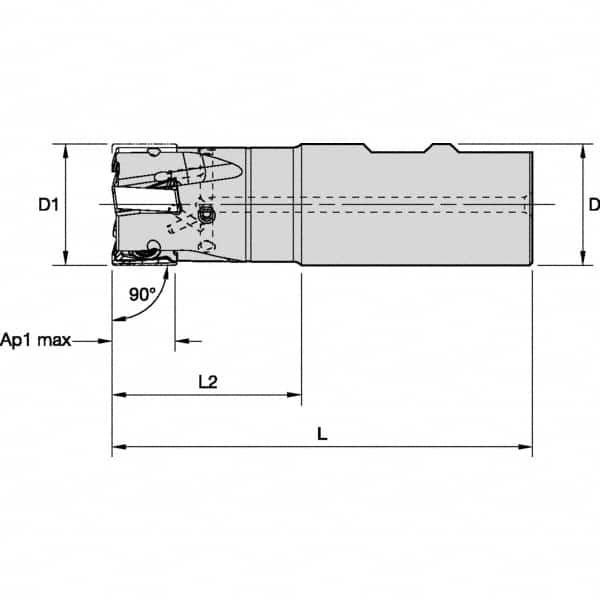 Kennametal - 1" Cut Diam, 15.5mm Max Depth of Cut, 3/4" Shank Diam, 96.01mm OAL, Indexable Square Shoulder End Mill - LNGU15T608SRGE Inserts, Weldon Shank, 0° Lead Angle, Through Coolant, Series MILL 4-15 - Americas Industrial Supply