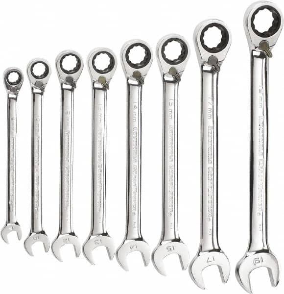 GearWrench - 8 Piece, 8mm to 19mm, 12 Point Reversible Ratcheting Combination Wrench Set - Metric Measurement Standard, Chrome Finish - Americas Industrial Supply