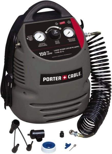 Porter-Cable - 0.8 hp, 2 CFM at 90 psi Hand Carry Compressor - 1.5 Gallon Tank, 10 Amp, 150 Max psi, 120V - Americas Industrial Supply