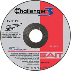 Sait - 4-1/2" Wheel Diam, 1/8" Wheel Thickness, 7/8" Arbor Hole, Type 29 Depressed Center Wheel - Medium Grade, Aluminum Oxide/Silicon Carbide Blend, 13,280 Max RPM - Americas Industrial Supply