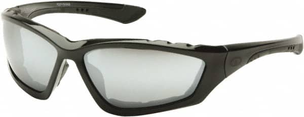 PYRAMEX - Silver Mirror Lenses, Framed Safety Glasses - Anti-Fog, Scratch Resistant, Black Nylon Frame, Size Universal, Wrap Around - Americas Industrial Supply