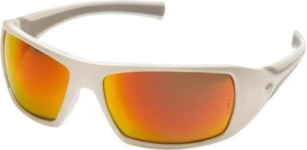 PYRAMEX - Sky Red Mirror Lenses, Framed Safety Glasses - Scratch Resistant, White Polycarbonate/Thermoplastic Rubber Frame, Size Universal, Wrap Around - Americas Industrial Supply