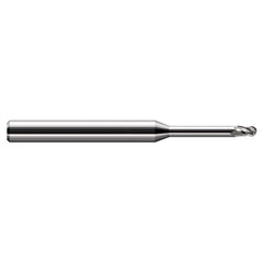 Ball End Mill: 0.025″ Dia, 0.037″ LOC, 3 Flute, Solid Carbide 2-1/2″ OAL, 1/8″ Shank Dia, 30 ° Helix, Uncoated, Single End