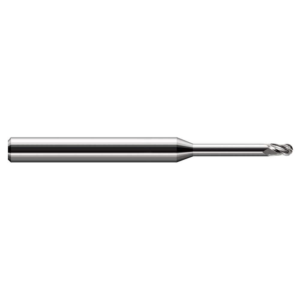 Ball End Mill: 0.071″ LOC, 4 Flute, Solid Carbide 2-1/2″ OAL, 1/8″ Shank Dia, 30 ° Helix, Uncoated