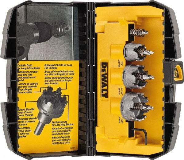 DeWALT - 5 Piece, 7/8" to 1-3/8" Saw Diam, Hole Saw Kit - Carbide-Tipped, Toothed Edge, Includes 3 Hole Saws - Americas Industrial Supply