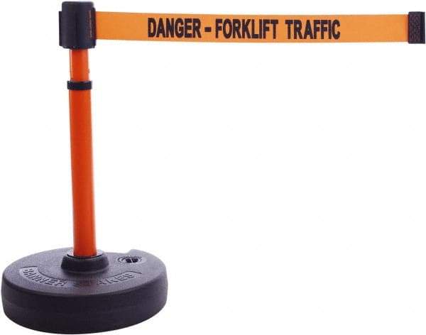 Banner Stakes - 22 to 42" High, 2-3/8" Pole Diam, Barrier Post Base & Stanchion - 9" Base Diam, Round Nylon Base, Orange Plastic Post, 15' x 2-1/2" Tape, For Outdoor Use - Americas Industrial Supply