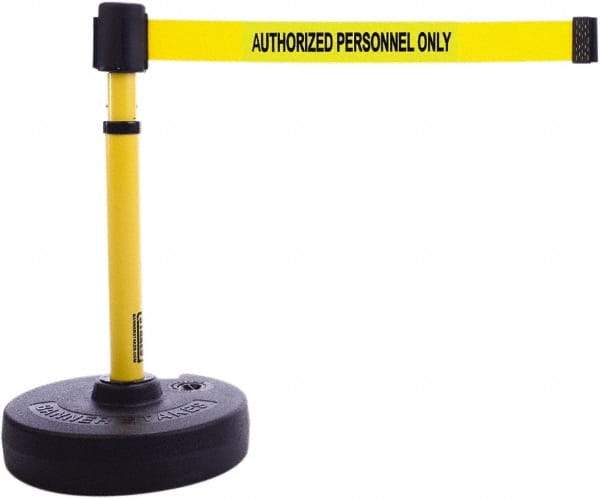 Banner Stakes - 22 to 42" High, 2-3/8" Pole Diam, Barrier Post Base & Stanchion - 9" Base Diam, Round Nylon Base, Yellow Plastic Post, 15' x 2-1/2" Tape, For Outdoor Use - Americas Industrial Supply