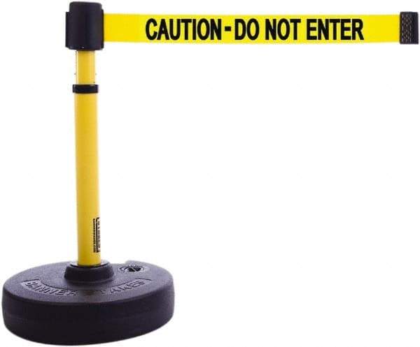 Banner Stakes - 22 to 42" High, 2-3/8" Pole Diam, Barrier Post Base & Stanchion - 9" Base Diam, Round Nylon Base, Yellow Plastic Post, 15' x 2-1/2" Tape, For Outdoor Use - Americas Industrial Supply