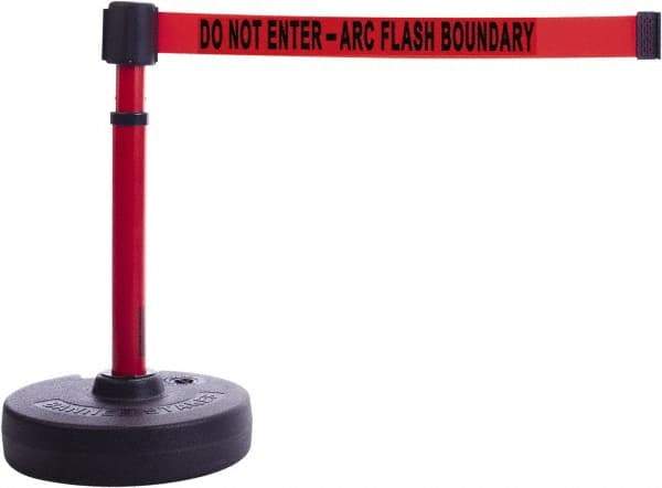 Banner Stakes - 22 to 42" High, 2-3/8" Pole Diam, Barrier Post Base & Stanchion - 9" Base Diam, Round Nylon Base, Red Plastic Post, 15' x 2-1/2" Tape, For Outdoor Use - Americas Industrial Supply