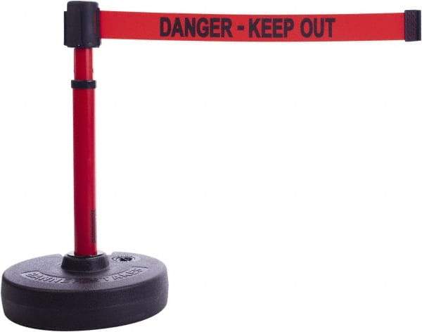 Banner Stakes - 22 to 42" High, 2-3/8" Pole Diam, Barrier Post Base & Stanchion - 9" Base Diam, Round Nylon Base, Red Plastic Post, 15' x 2-1/2" Tape, For Outdoor Use - Americas Industrial Supply