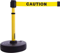 Banner Stakes - 22 to 42" High, 2-3/8" Pole Diam, Barrier Post Base & Stanchion - 9" Base Diam, Round Nylon Base, Yellow Plastic Post, 15' x 2-1/2" Tape, For Outdoor Use - Americas Industrial Supply