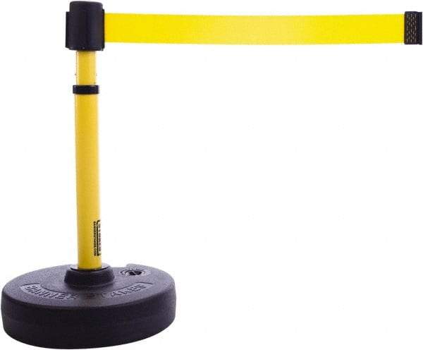 Banner Stakes - 22 to 42" High, 2-3/8" Pole Diam, Barrier Post Base & Stanchion - 9" Base Diam, Round Nylon Base, Yellow Plastic Post, 15' x 2-1/2" Tape, For Outdoor Use - Americas Industrial Supply