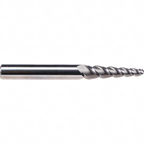 Emuge - 3° Taper Angle per Side, 6.85mm Small End Diam, 22mm LOC, Solid Carbide 3 Flute Tapered Ball End Mill - 72mm OAL, 8mm Shank Diam, Spiral Flute, 45° Helix - Americas Industrial Supply