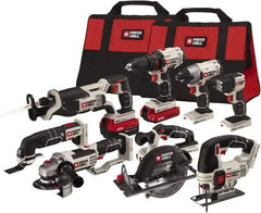Porter-Cable - 20 Volt Cordless Tool Combination Kit - Includes 1/2" Drill/Driver, 1/4" Impact Driver, 6-1/2" Circular Saw, Reciprocating Tiger Saw, Jig Saw, Oscillating Multi-Tool, Cut-Off Tool/Grinder & Flashlight, Lithium-Ion Battery Included - Americas Industrial Supply