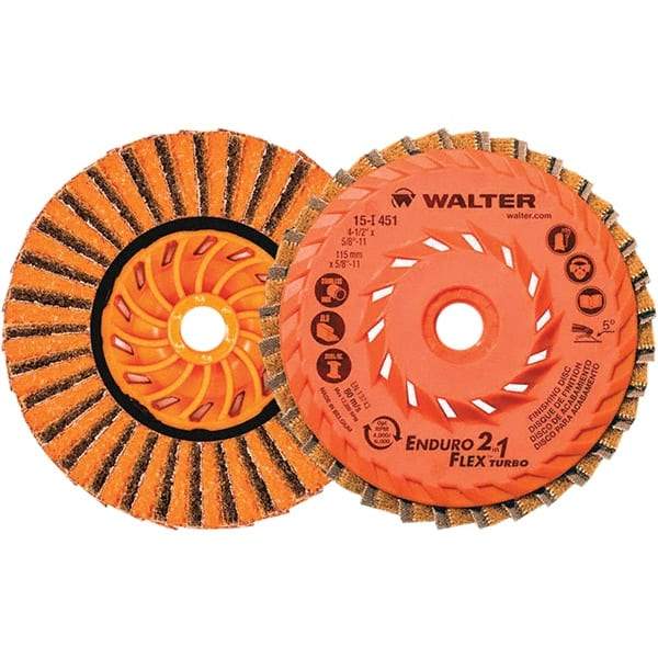 WALTER Surface Technologies - 4-1/2" Disc Diam, 5/8-11 Center Hole, Type 27 Ceramic Flap Disc - 13,300 Max RPM, Plastic Backing, Arbor Attaching System, Non-Woven - Americas Industrial Supply
