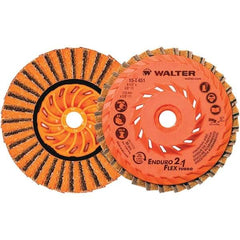 WALTER Surface Technologies - 4-1/2" Disc Diam, 5/8-11 Center Hole, Type 27 Ceramic Flap Disc - 13,300 Max RPM, Plastic Backing, Arbor Attaching System, Non-Woven - Americas Industrial Supply