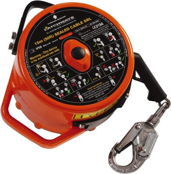 MSA - 50' Long, 310 Lb Capacity, Stainless Steel Cable Self-Retracting Lanyard - Steel Locking Snap Hook Connector, Stainless Steel Swivel - Americas Industrial Supply