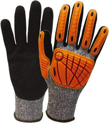 Wells Lamont - Size S (7), ANSI Cut Lvl 5, Nitrile Coated HPPE Fiber/Stainless Steel Cut Resistant Gloves - Palm & Fingertips Coated, Hi-Vis Orange/Black, Paired - Americas Industrial Supply