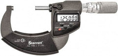 Starrett - 1 to 2" Range, Standard Throat IP67 Electronic Outside Micrometer - Friction Thimble, Carbide Face, CR2032 Battery - Americas Industrial Supply