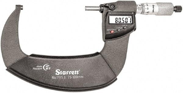 Starrett - Standard Throat IP67 Electronic Outside Micrometer - Ratchet Stop Thimble, Carbide Face, CR2032 Battery - Americas Industrial Supply