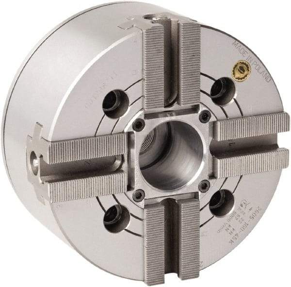 Bison - 4 Jaw, 10" Chuck Diam, Plain Back Mount, 75mm Through Hole Diam, Drawtube Hydraulic Power Lathe Chuck - 1.5mm x 60° Serrated Jaw Interface, 0.8661 to 9.8031" Jaw Capacity, 3,600 RPM, High Speed Steel Body - Americas Industrial Supply