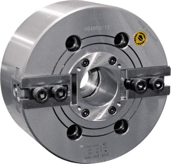 Bison - 2 Jaw, 10" Chuck Diam, Plain Back Mount, 75mm Through Hole Diam, Drawtube Hydraulic Power Lathe Chuck - 1.5mm x 60° Serrated Jaw Interface, 0.8661 to 9.8031" Jaw Capacity, 4,200 RPM, High Speed Steel Body - Americas Industrial Supply