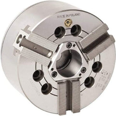 Bison - 3 Jaw, 6.65" Chuck Diam, Plain Back Mount, 45mm Through Hole Diam, Drawtube Hydraulic Power Lathe Chuck - 1.5mm x 60° Serrated Jaw Interface, 0.5905 to 6.7716" Jaw Capacity, 6,000 RPM, High Speed Steel Body - Americas Industrial Supply