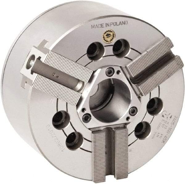 Bison - 3 Jaw, 10" Chuck Diam, Plain Back Mount, 75mm Through Hole Diam, Drawtube Hydraulic Power Lathe Chuck - 1.5mm x 60° Serrated Jaw Interface, 0.8661 to 9.8031" Jaw Capacity, 4,200 RPM, High Speed Steel Body - Americas Industrial Supply