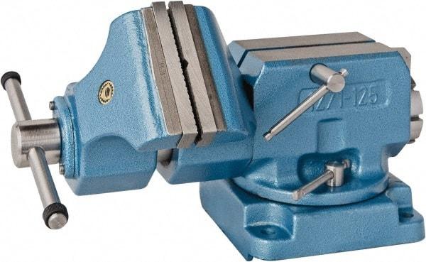 Bison - 5" Jaw Width x 5.9" Jaw Opening Capacity, 8.46" Throat Depth, Bench & Pipe Combination Vise - 1-1/4 to 2.36" Pipe Capacity, Swivel Base, Bolt Down Attachment, Steel - Americas Industrial Supply