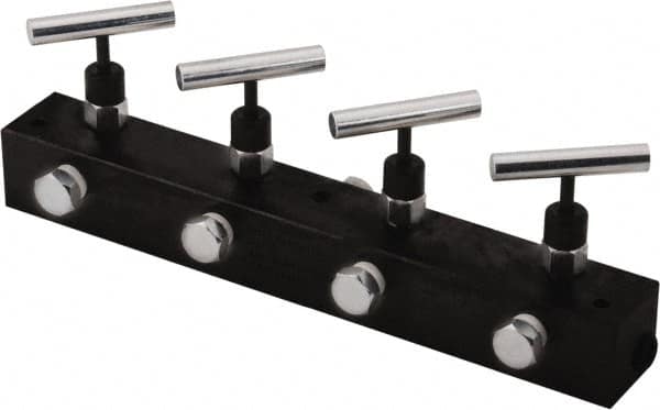 Value Collection - 3/8" Inlet, 3/8" Outlet Manifold with Four Needle Valves - 12" Long x 1.62" Wide x 4.13" High, 0.28" Mount Hole, 212°F Max, 10,000 Max PSI, 4 Inlet Ports, 4 Outlet Ports - Americas Industrial Supply