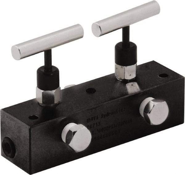 Value Collection - 3/8" Inlet, 3/8" Outlet Manifold with Two Needle Valves - 6" Long x 1-5/8" Wide x 4.13" High, 0.28" Mount Hole, 212°F Max, 10,000 Max PSI, 2 Inlet Ports, 2 Outlet Ports - Americas Industrial Supply